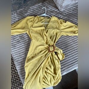 SHEIN Mustard Mid Sleeve long Wrap 100% Cotton Dress with ruched lower backing